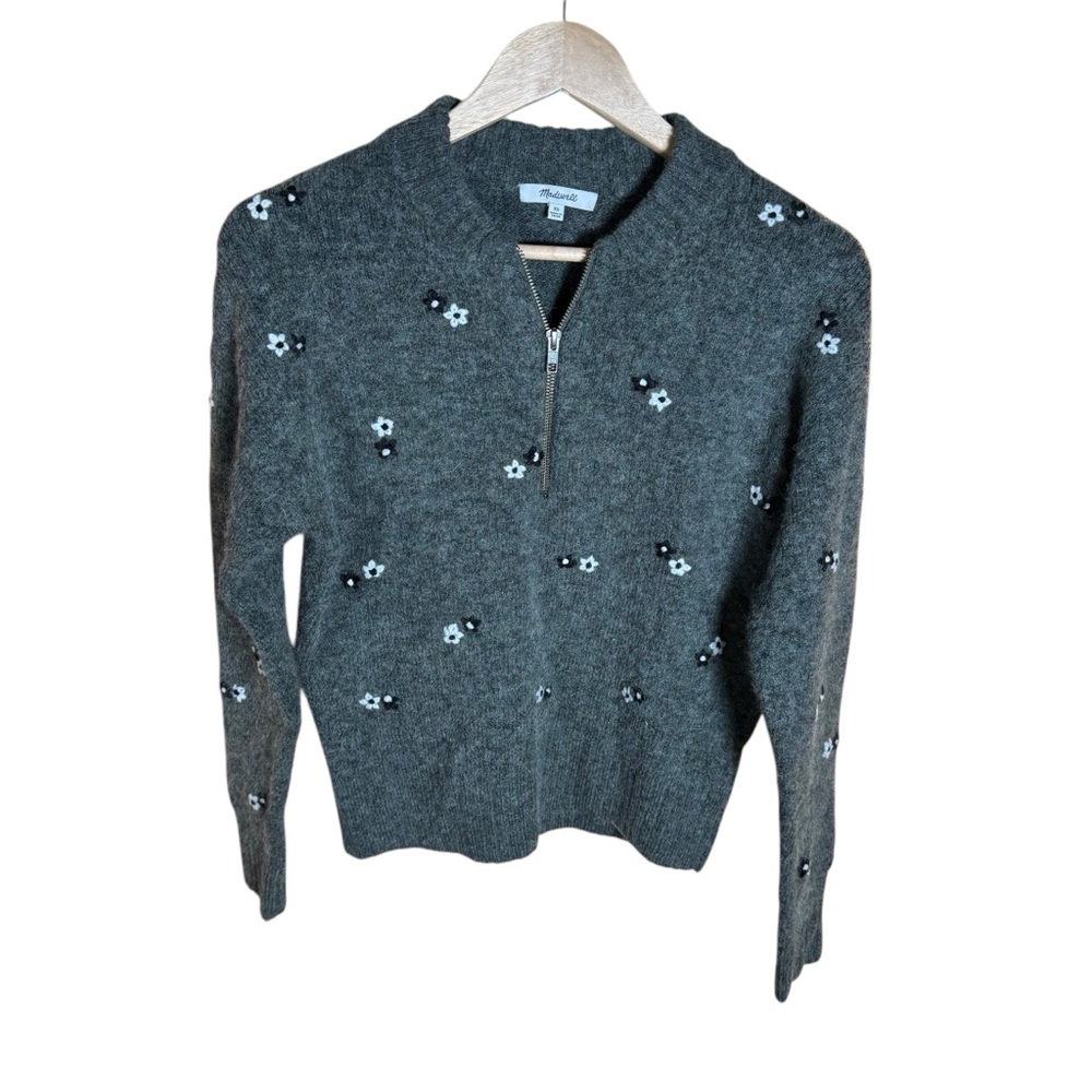 Madewell womens sweater size XS, gray w/flowers, 1/4 zip long sleeves